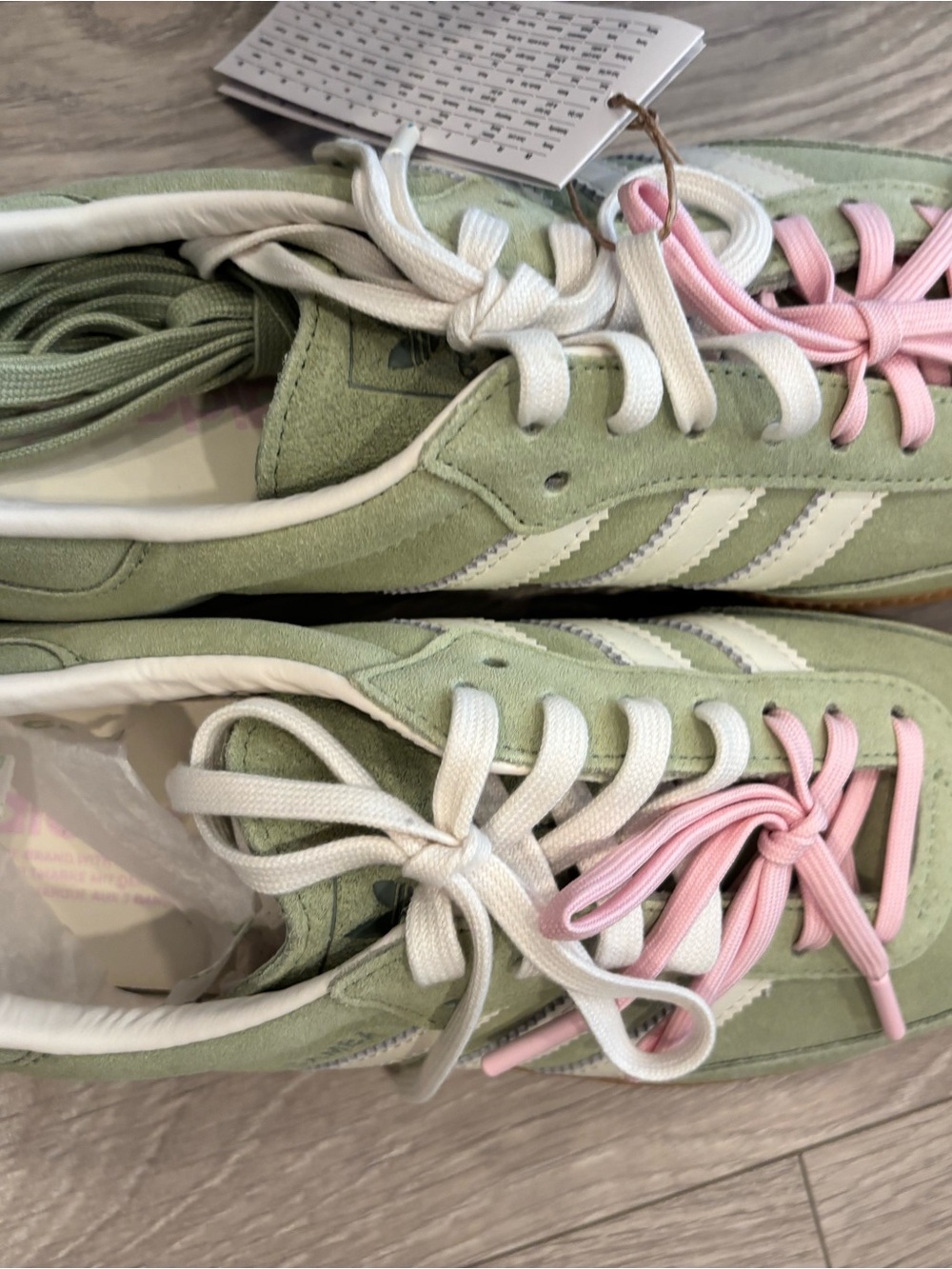 adidas Women’s Sage Green Suede Sneakers with Pink & White Laces